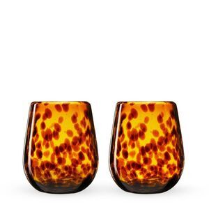 Segunda Vida Hand Blown Recycled Stemless Wine Glasses Amber 13oz Set/2
